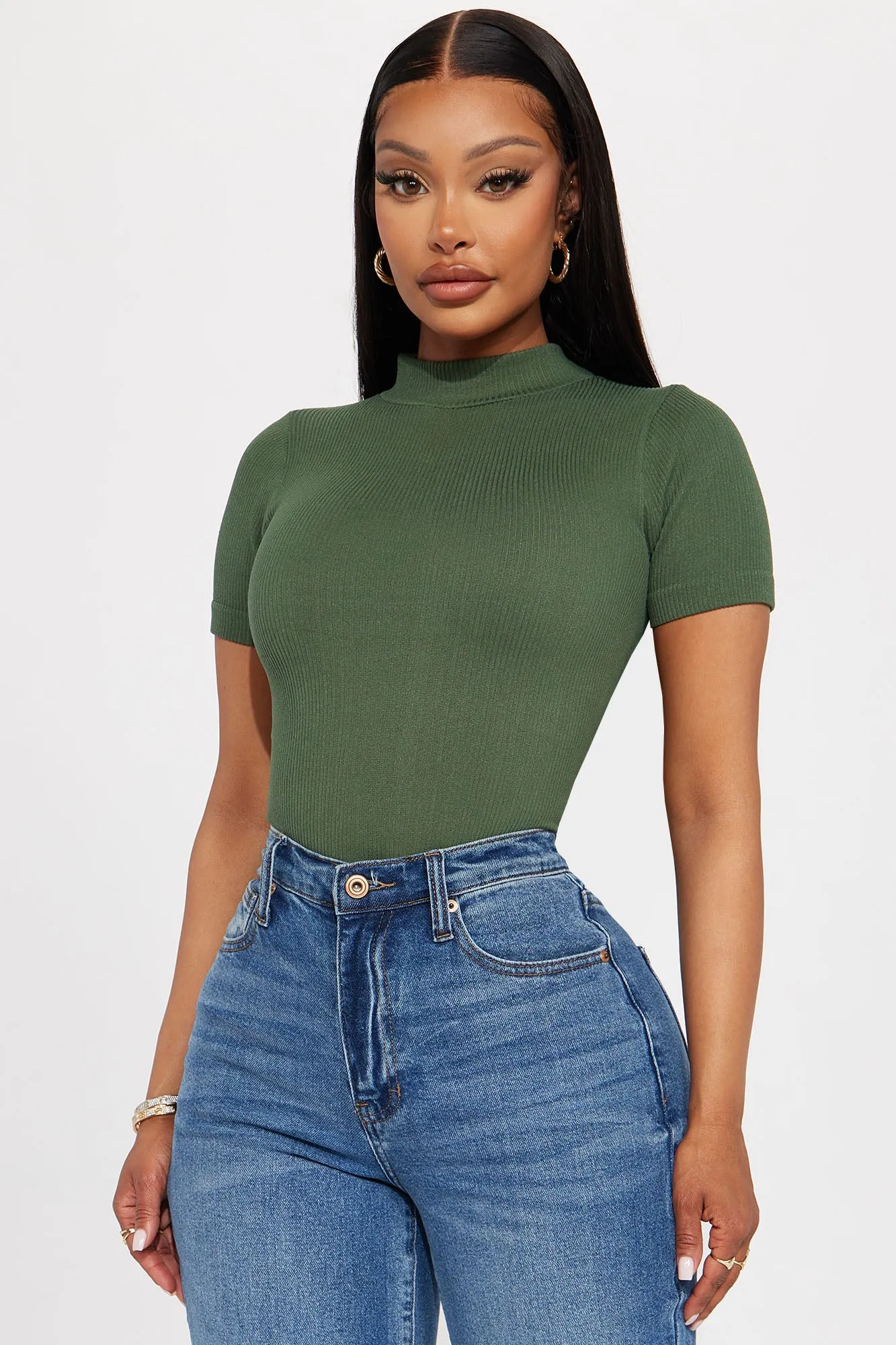 Ava Mock Neck Seamless Top - Olive