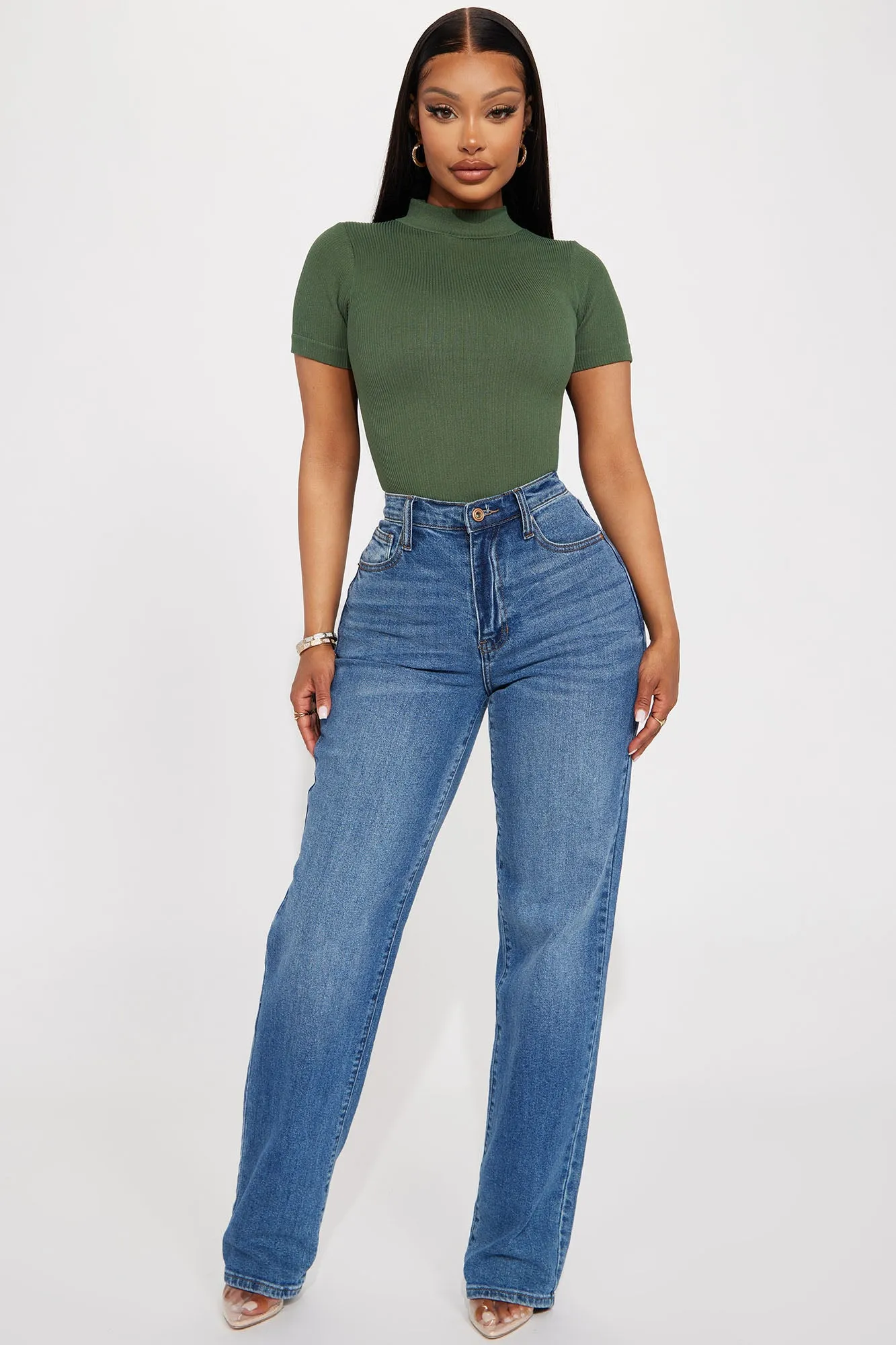 Ava Mock Neck Seamless Top - Olive