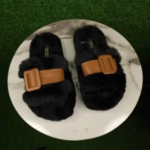 Black Brown Fur Slippers