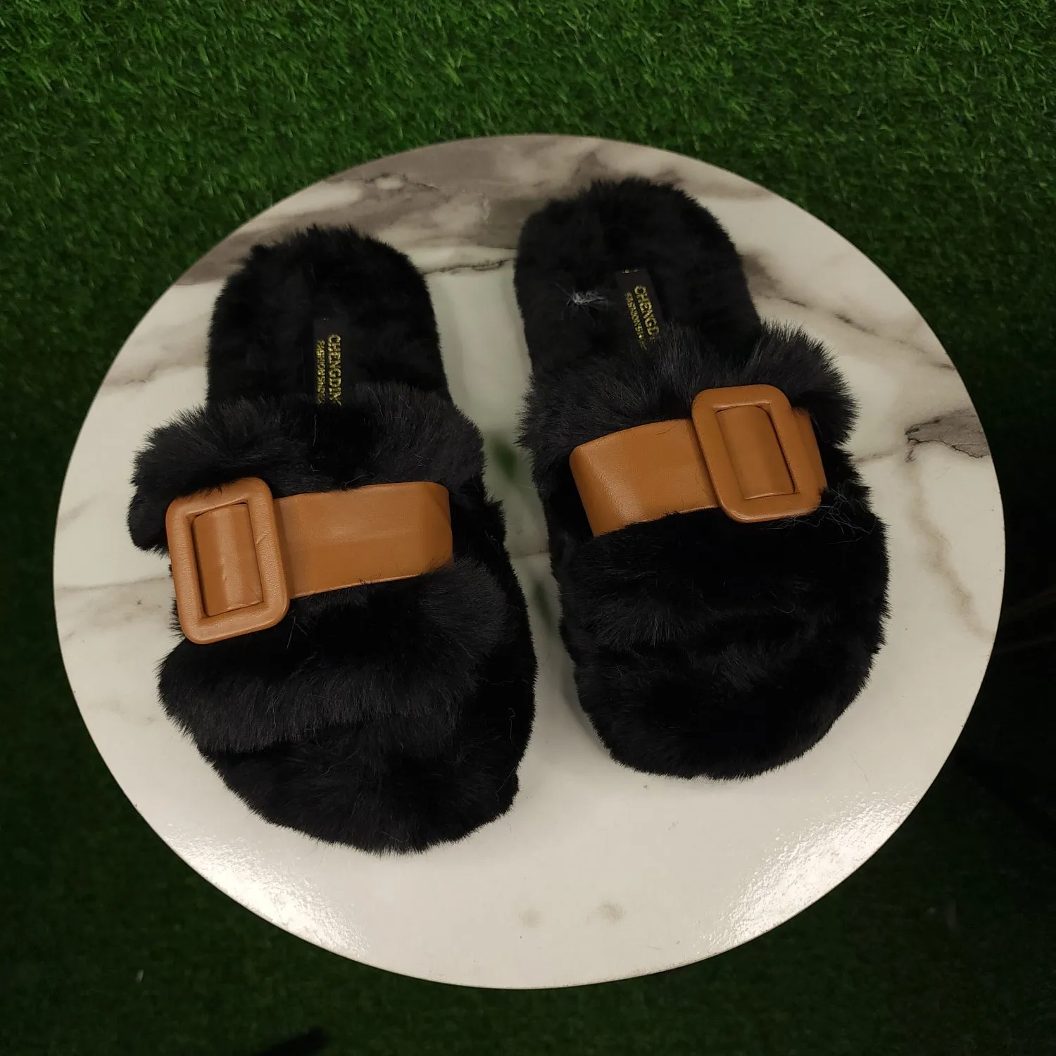 Black Brown Fur Slippers