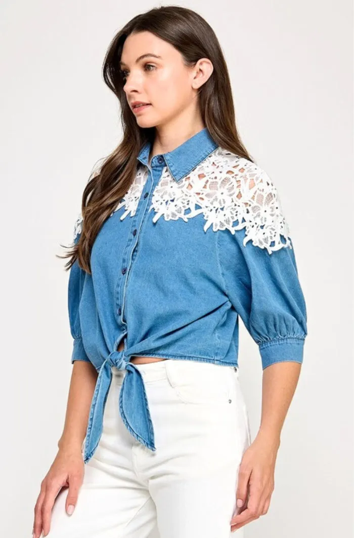 Lace Shoulder Detail Denim Top - NEW!