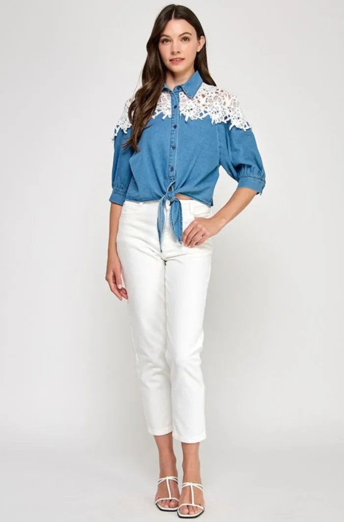Lace Shoulder Detail Denim Top - NEW!