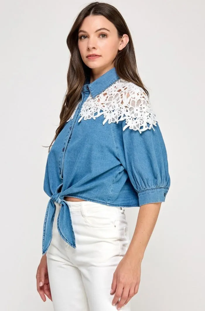 Lace Shoulder Detail Denim Top - NEW!