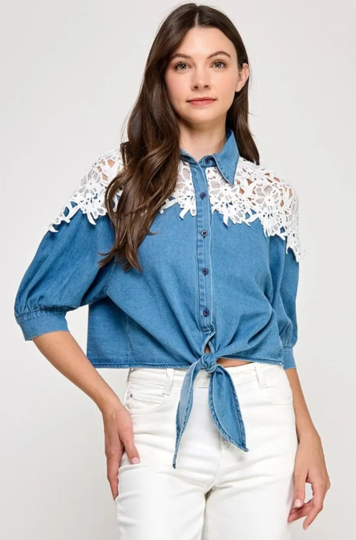Lace Shoulder Detail Denim Top - NEW!