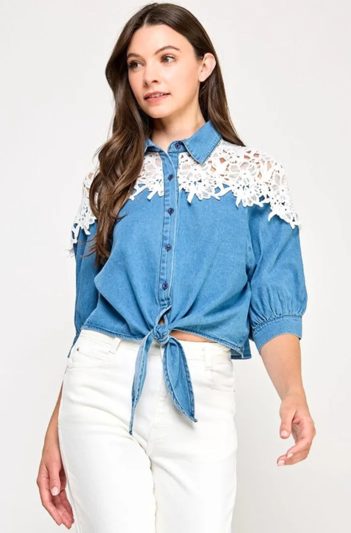 Lace Shoulder Detail Denim Top - NEW!