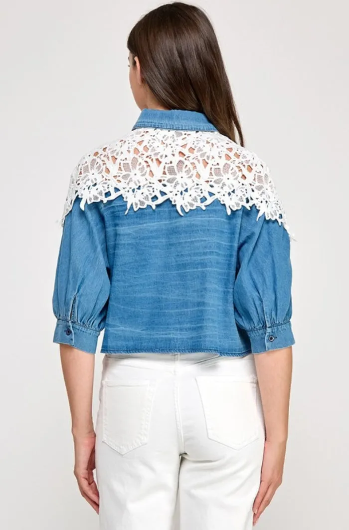 Lace Shoulder Detail Denim Top - NEW!